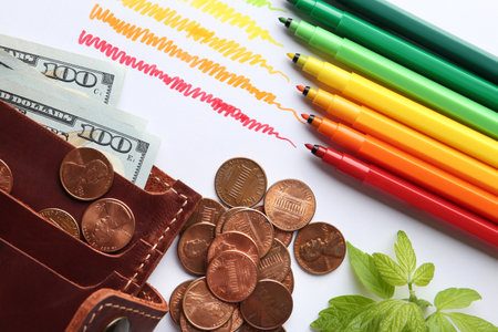 Flat lay composition with colorful chart and money on white background. energy efficiency concept