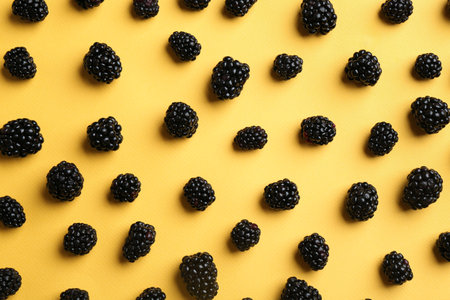 Flat lay composition with fresh blackberries on yellow backgroundの写真素材