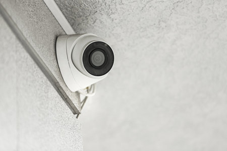 Modern CCTV security camera on building outdoors. Space for text