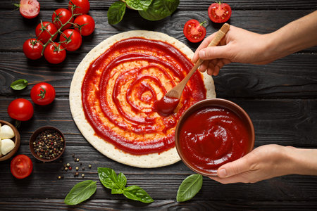 Woman spreading tomato sauce onto pizza crust on dark wooden table, top viewの写真素材