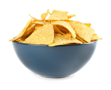 Blue bowl with tasty Mexican nachos chips on white backgroundの写真素材