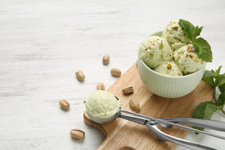 Tasty pistachio ice cream served on white wooden table, space for textの写真素材