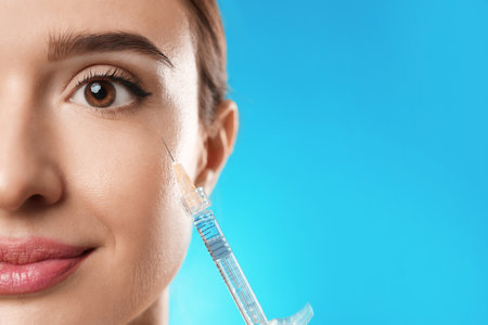 Beautiful woman getting facial injection on light blue background, closeup. Cosmetic surgeryの写真素材