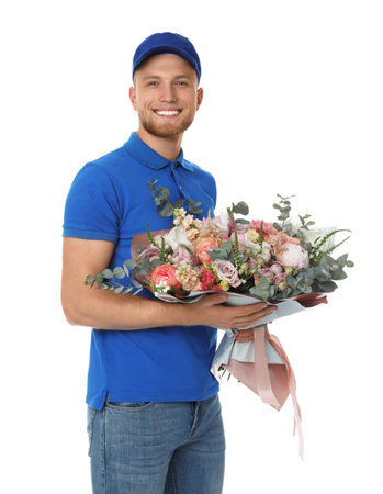 Delivery man with beautiful flower bouquet isolated on whiteの写真素材