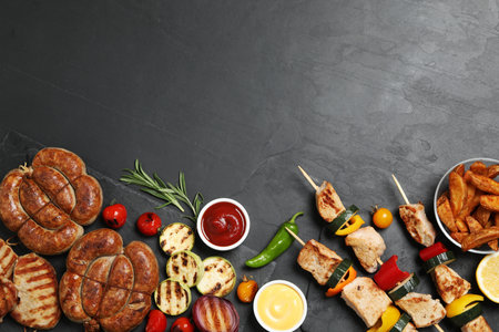 Flat lay composition with barbecued meat and vegetables on gray table. Space for textの写真素材