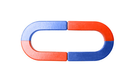 Red and blue horseshoe magnets on white background, top view