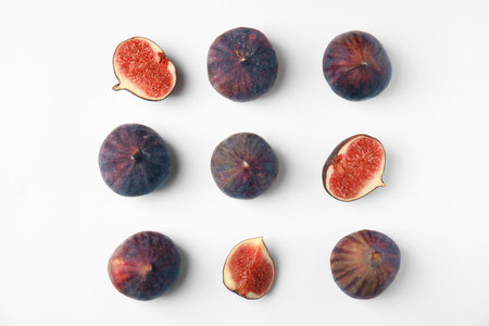 Tasty fresh fig fruits on white background, top viewの写真素材