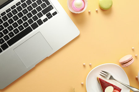 Flat lay composition with laptop on gray background. Food blogger's workplaceの写真素材