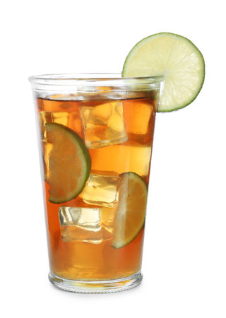 Glass of tasty iced tea with lime on white backgroundの写真素材