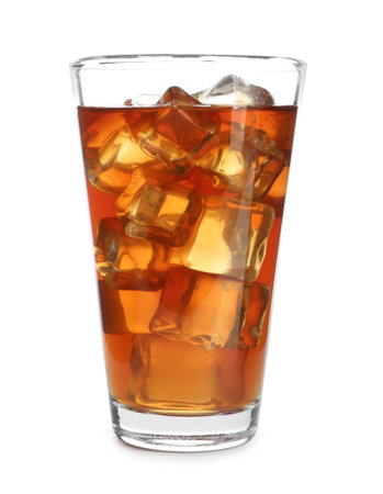Glass of tasty iced tea on white backgroundの写真素材