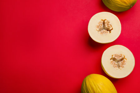 Ripe tasty melons on red background, flat lay. Space for textの写真素材