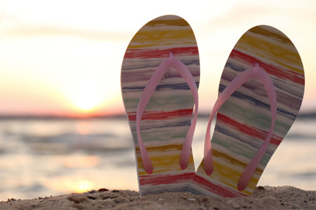 Stylish flip flops on sand near the sea, closeup. beach accessoriesの写真素材