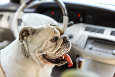 Adorable funny English bulldog inside modern carの写真素材