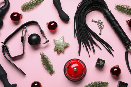 Set of different sex toys and Christmas decorations on pink background, flat layの写真素材