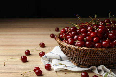 Wicker bowl of delicious cherries with towel on wooden table, space for textの写真素材