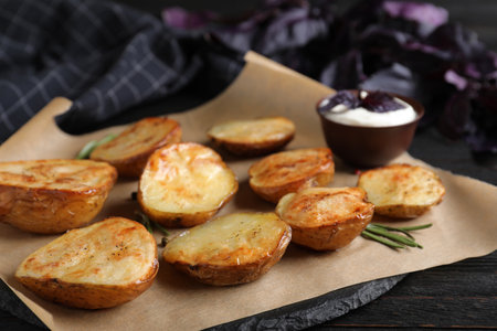 Delicious potato wedges with sour cream on black wooden table, closeupの写真素材