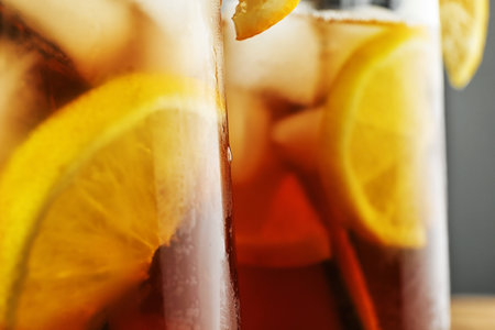 Glassware with delicious refreshing iced tea, closeupの写真素材