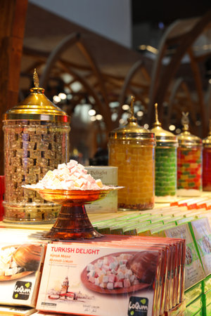 ISTANBUL, TURKEY - AUGUST 13, 2019: Shop with sweets in new airport terminalの写真素材