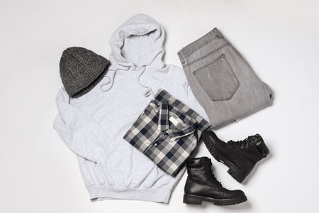 Set of stylish winter clothes on white background, top viewの写真素材