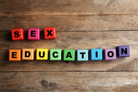 Colorful blocks with phrase "SEX EDUCATION" on wooden background, flat layの写真素材