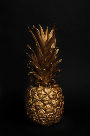 Gold painted fresh pineapple on black backgroundの写真素材