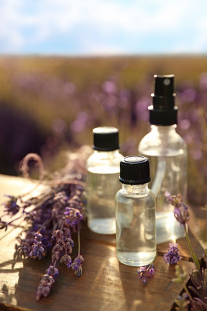 Bottles of lavender essential oil on wooden table in fieldの写真素材