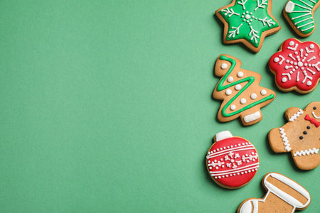 Flat lay composition with tasty homemade Christmas cookies on green background, space for text