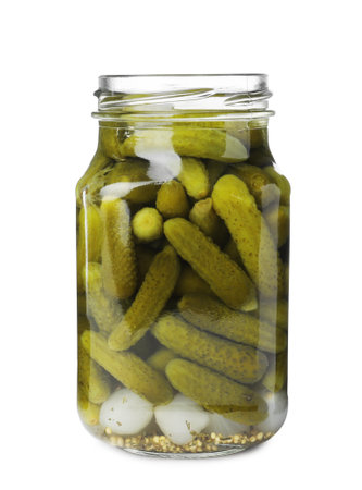 Jar with pickled gherkins on white backgroundの写真素材