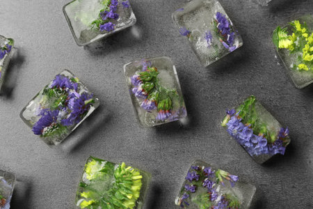 Ice cubes with flowers on gray stone background, flat layの写真素材