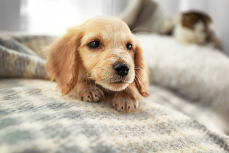 Cute English Cocker Spaniel puppy on blanket indoorsの写真素材
