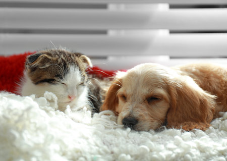 Adorable little kitten and puppy sleeping on plaid indoorsの写真素材