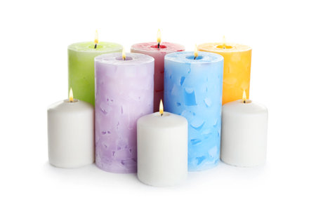 Set of different color candles on white backgroundの写真素材