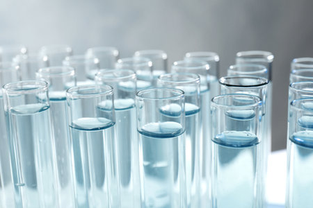 Many test tubes with light blue liquid on gray background, closeup