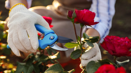 Woman pruning rose bush outdoors, closeup. gardening toolの写真素材