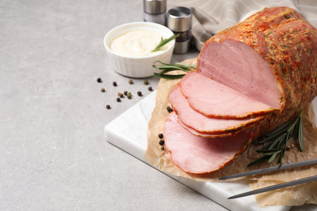Delicious ham served on gray table. Space for textの写真素材