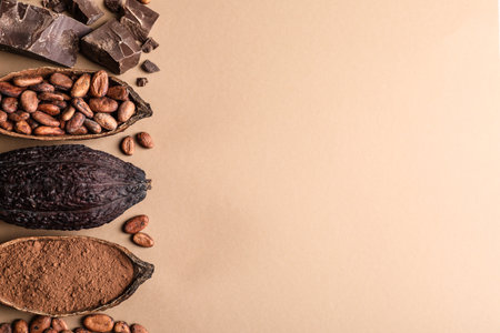 Flat lay composition with cocoa pods and chocolate on beige background, space for textの写真素材