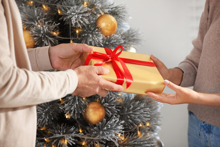Happy couple holding Christmas gifts at home, closeupの写真素材