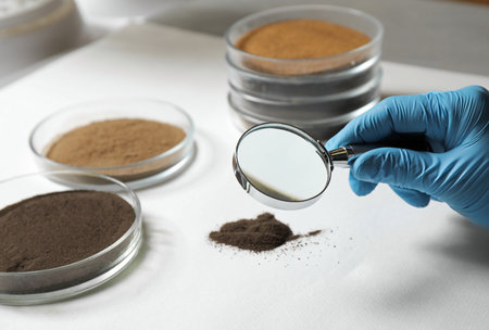 Scientist examining soil sample with magnifier at table, closeup. laboratory researchの写真素材