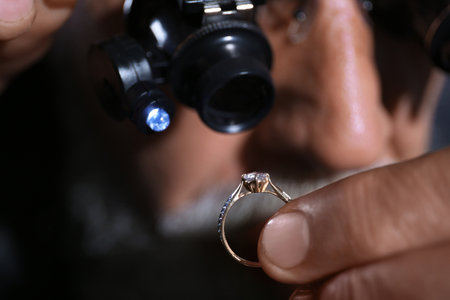 Male jeweler examining diamond ring in workshop, closeup viewの写真素材