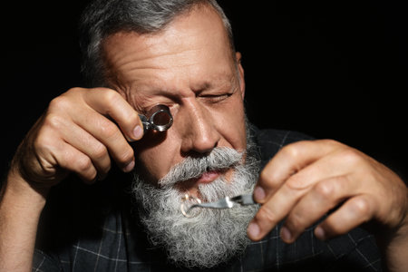 Male jeweler evaluating diamond ring in workshop, closeup viewの写真素材