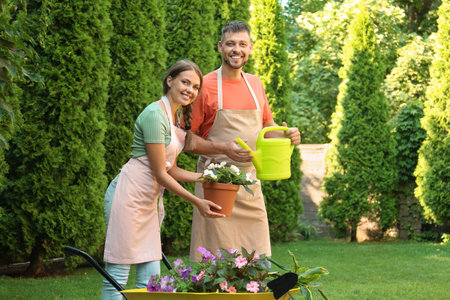happy couple working together in green garden