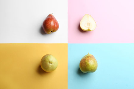 Ripe juicy pears on color background, flat layの写真素材