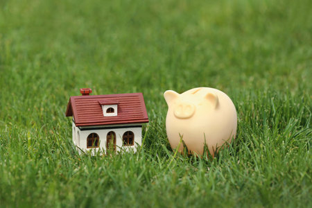 Piggy bank and model of house on green grass outdoorsの写真素材