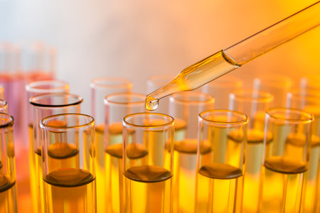 Dropping sample into test tube with liquid, closeup. color tone effectの写真素材