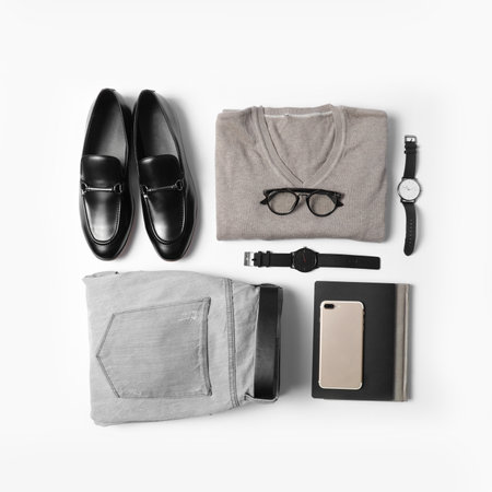Stylish male autumn outfit and accessories on white background, flat lay. trendy warm clothesの写真素材