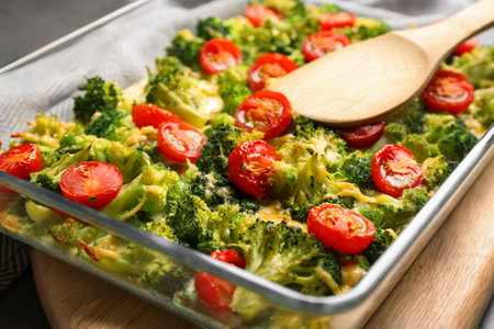 Tasty broccoli casserole in baking dish on table, closeupの写真素材