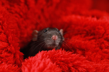 Cute little rat wrapped in red fluffy blanketの写真素材