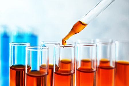 Dropping sample into test tube with orange liquid, closeupの写真素材