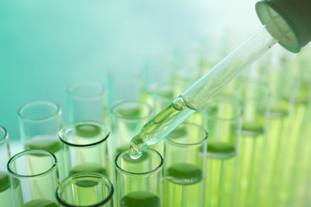 Dropping sample into test tube with liquid on color background, closeup