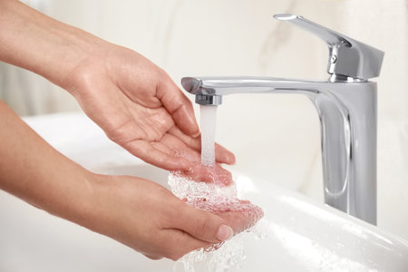 Young woman washing hands over sink in bathroom, closeupの写真素材